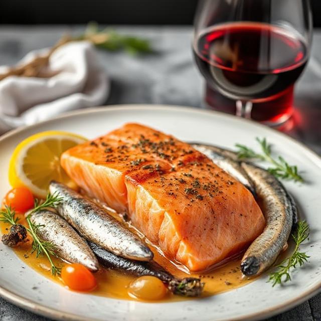 Plate of grilled salmon and sardines with a glass of white wine, perfect for oily fish and wine pairings
