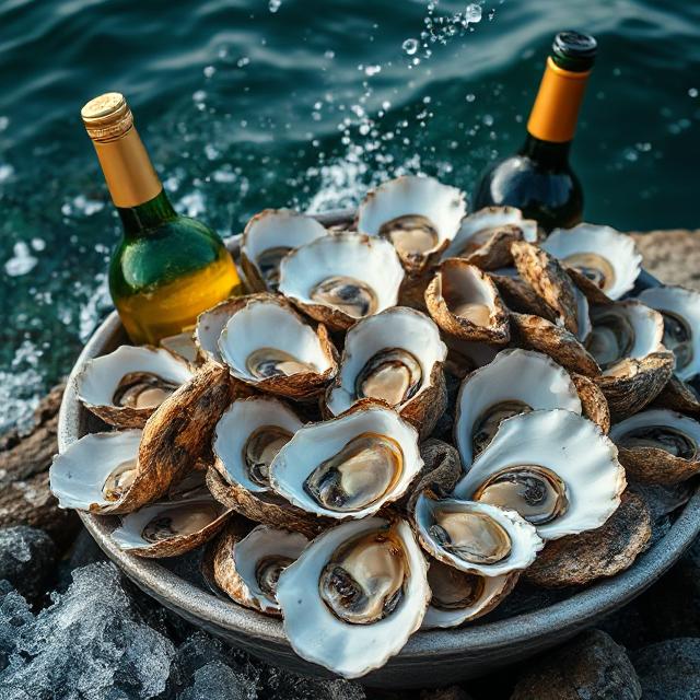 oysters being caught from the sea with bottles of wine